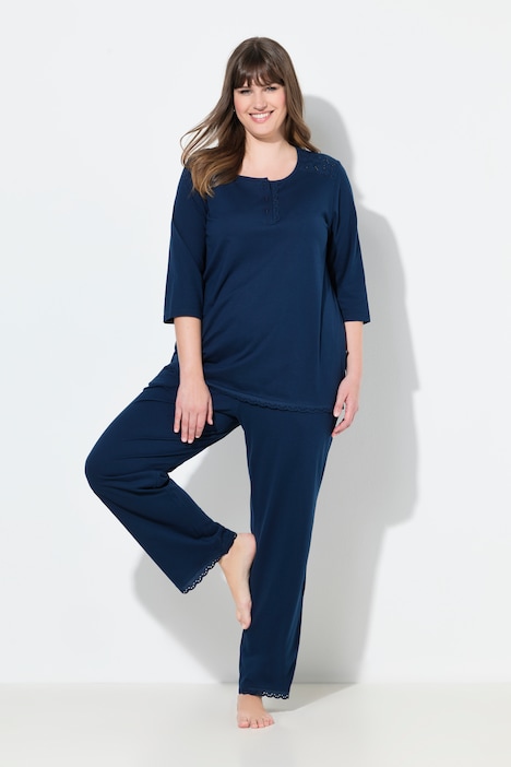 Pyjama, Zweiteiler, Lochstickerei, Zierfalte, 3/4-Arm
