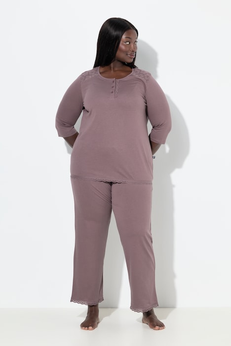Pyjama, Zweiteiler, Lochstickerei, Zierfalte, 3/4-Arm
