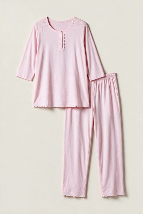 Pyjama à col rond et manches 3/4, broderie ajourée et pli décoratif