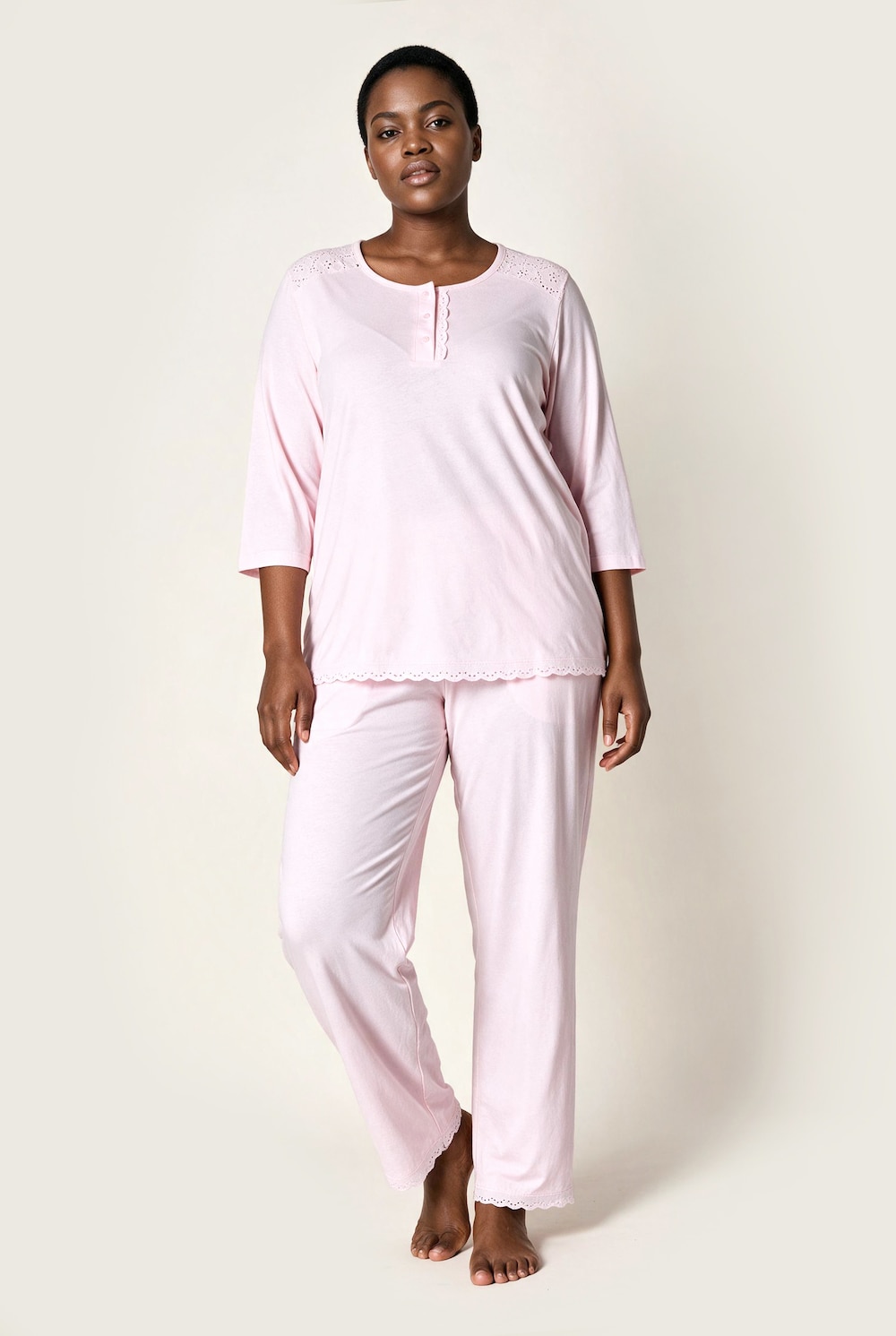 Pyjama, Zweiteiler, Lochstickerei, Zierfalte, 3/4-Arm