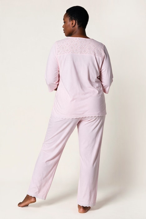 Pyjama à col rond et manches 3/4, broderie ajourée et pli décoratif