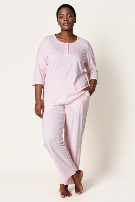 Pyjama à col rond et manches 3/4, broderie ajourée et pli décoratif