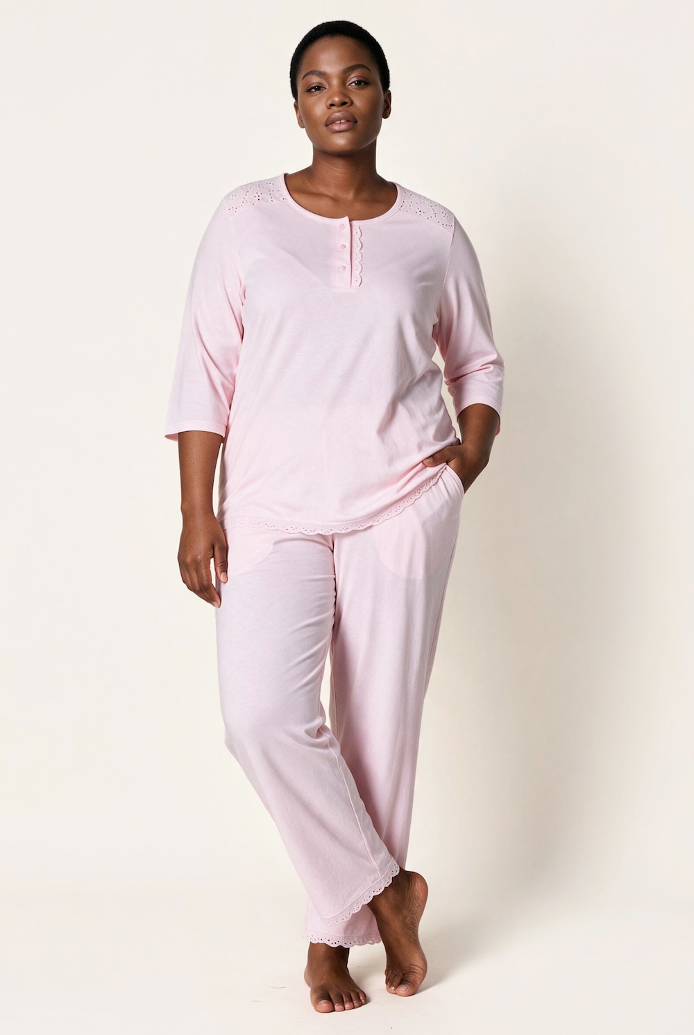 Pyjama, Zweiteiler, Lochstickerei, Zierfalte, 3/4-Arm