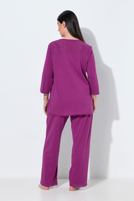 Pyjama, Zweiteiler, Lochstickerei, Zierfalte, 3/4-Arm