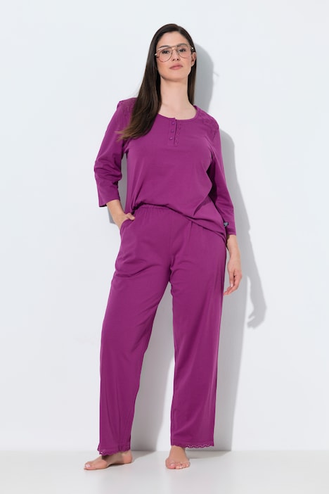 Pyjama, Zweiteiler, Lochstickerei, Zierfalte, 3/4-Arm