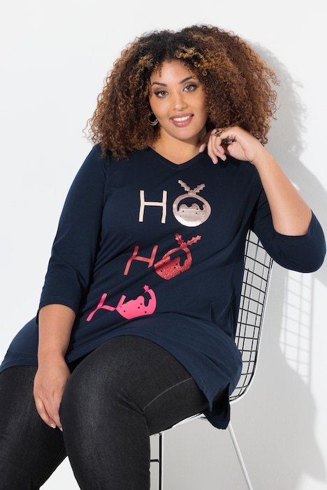 T-shirt long, ligne en A avec col en V et manches 3/4, motif Ho Ho Ho