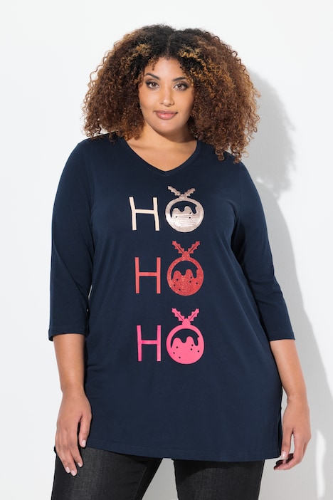 T-shirt long, ligne en A avec col en V et manches 3/4, motif Ho Ho Ho