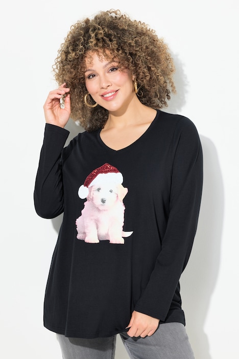 Kerstshirt, puppy, A-lijn, V-hals, lange mouw