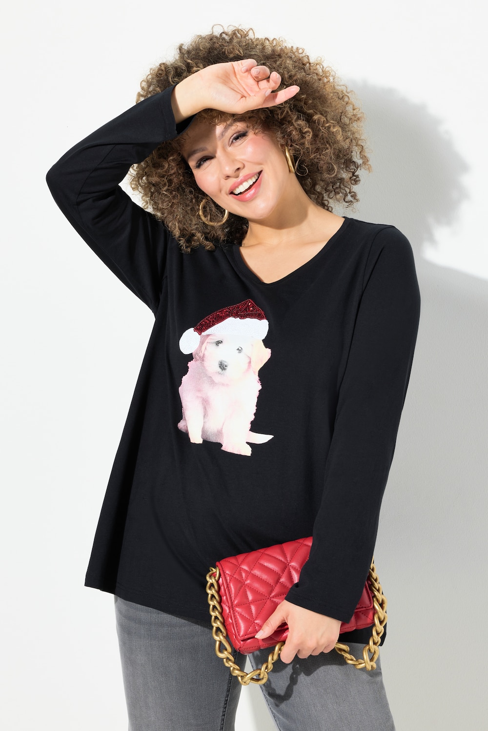 Große Größen Weihnachtsshirt, Damen, schwarz, Größe: 42/44, Baumwolle, Ulla Popken