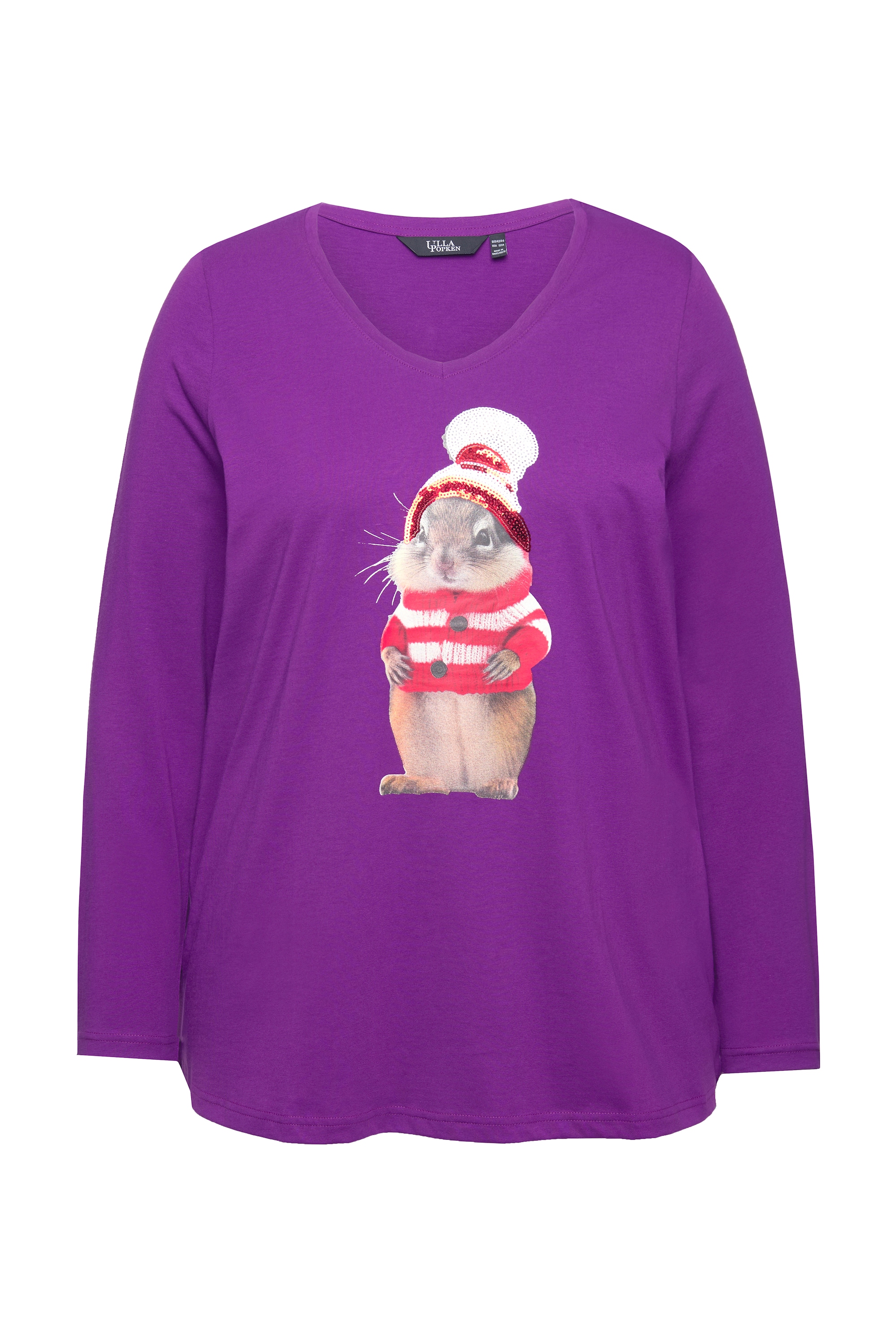 Ulla Popken Damen große Größen Weihnachtsshirt Eichhörnchen V Ausschnitt