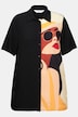 Chemisier motif visage de femme, manches courtes, coupe évasée