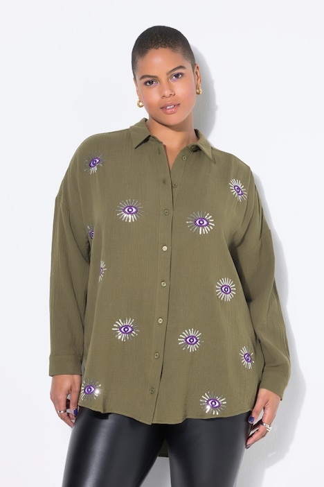 Blouse, oversized, mousseline, ogen-borduursel