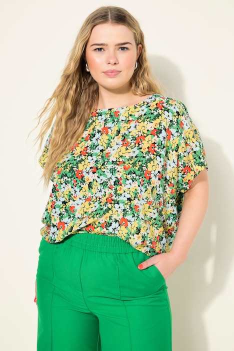 Overhemdblouse, oversized, bloemenprint, ronde hals