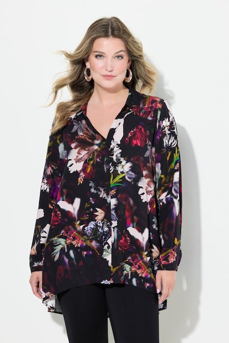 Bluse, A-Linie, Blumen-Druck, Langarm