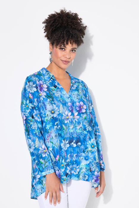 Bluse, A-Linie, Blumen-Druck, Langarm