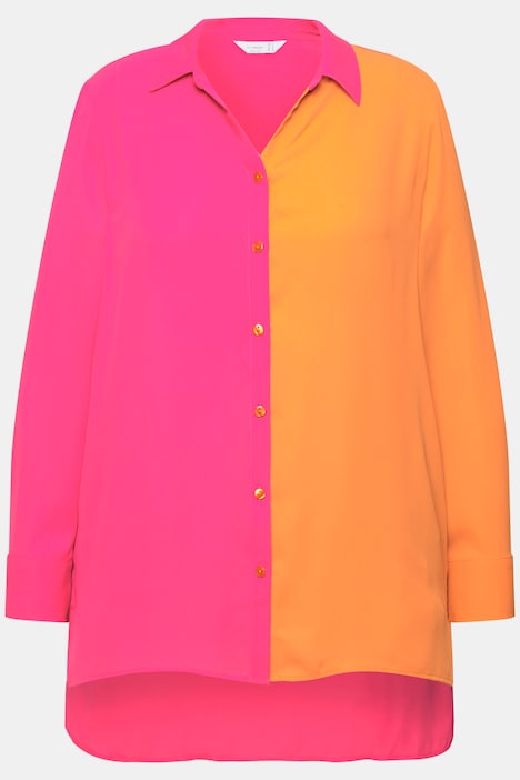 Long-Sleeve A-Line Color Block Satin Blouse