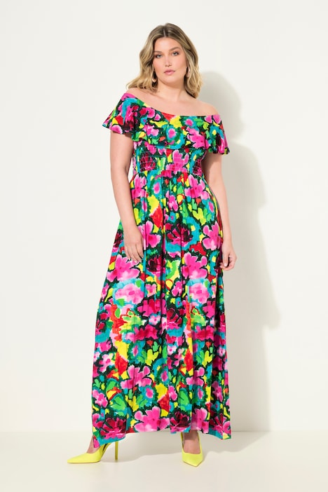 Maxi jurk van jersey, bloemenprint, gerimpelde buste, carmenhals, korte mouwen