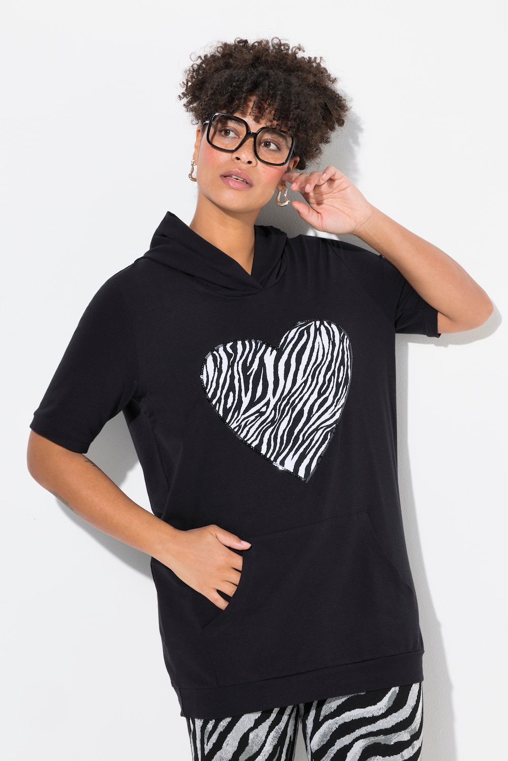 Hoodie, Loose Fit, hart met luipaardmotief, halflange mouwen