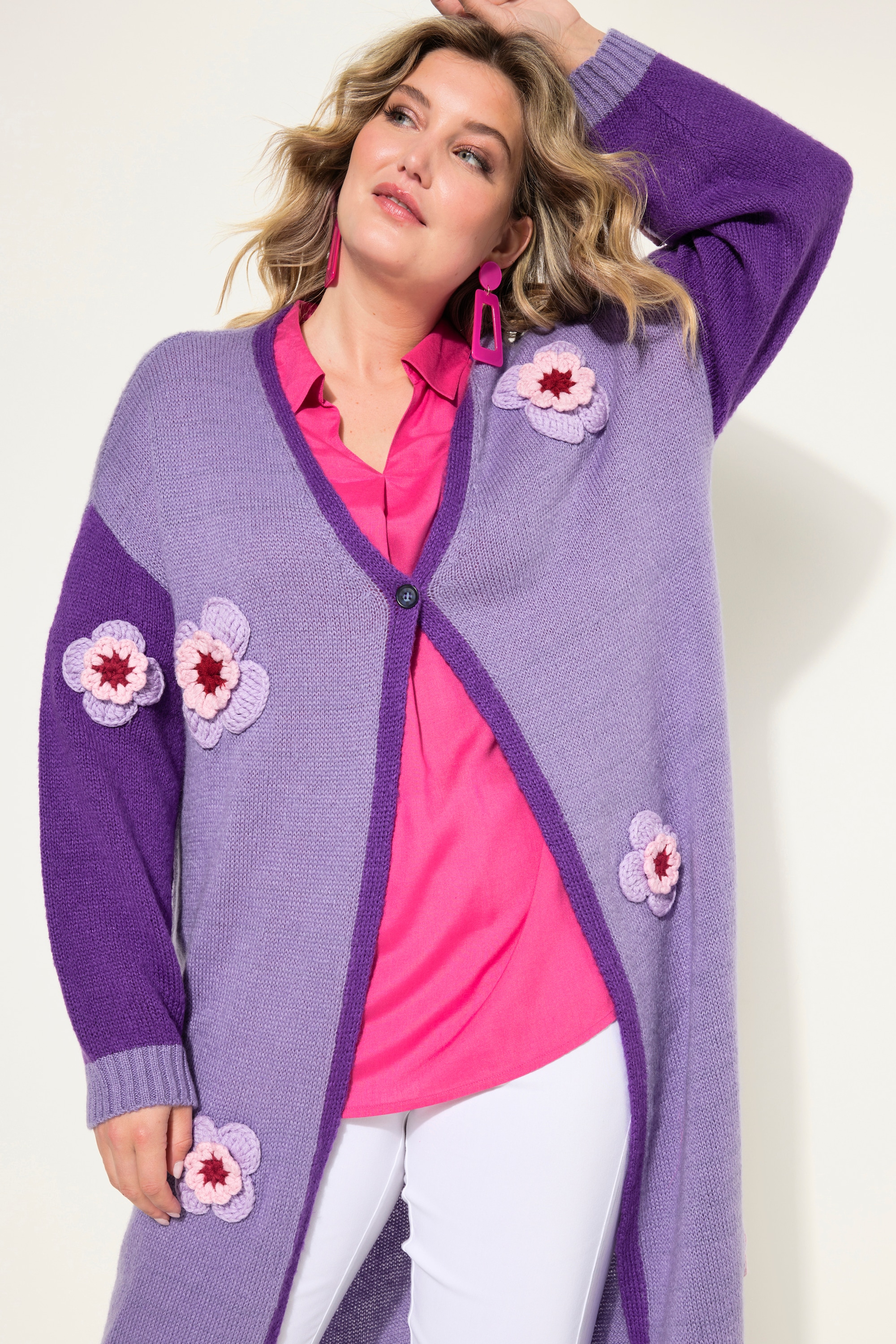 MIAMODA Damen große Größen Strickjacke Straight Fit Blüten Streifen