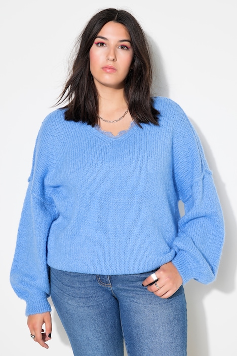 Pullover, V-Ausschnitt mit Spitze, weiter Langarm