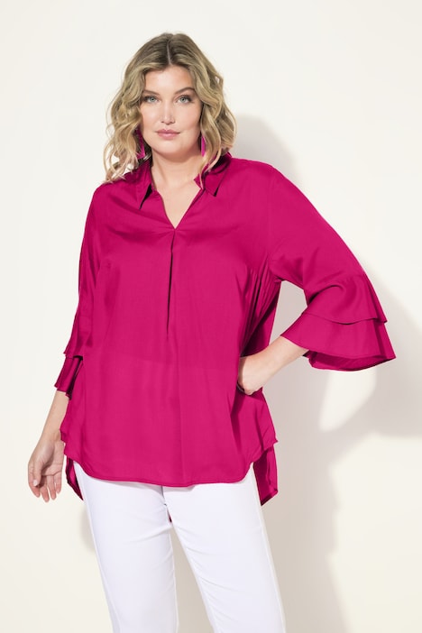 Bluse, A-Linie, Satin, 3/4-Ärmel mit Doppelvolant