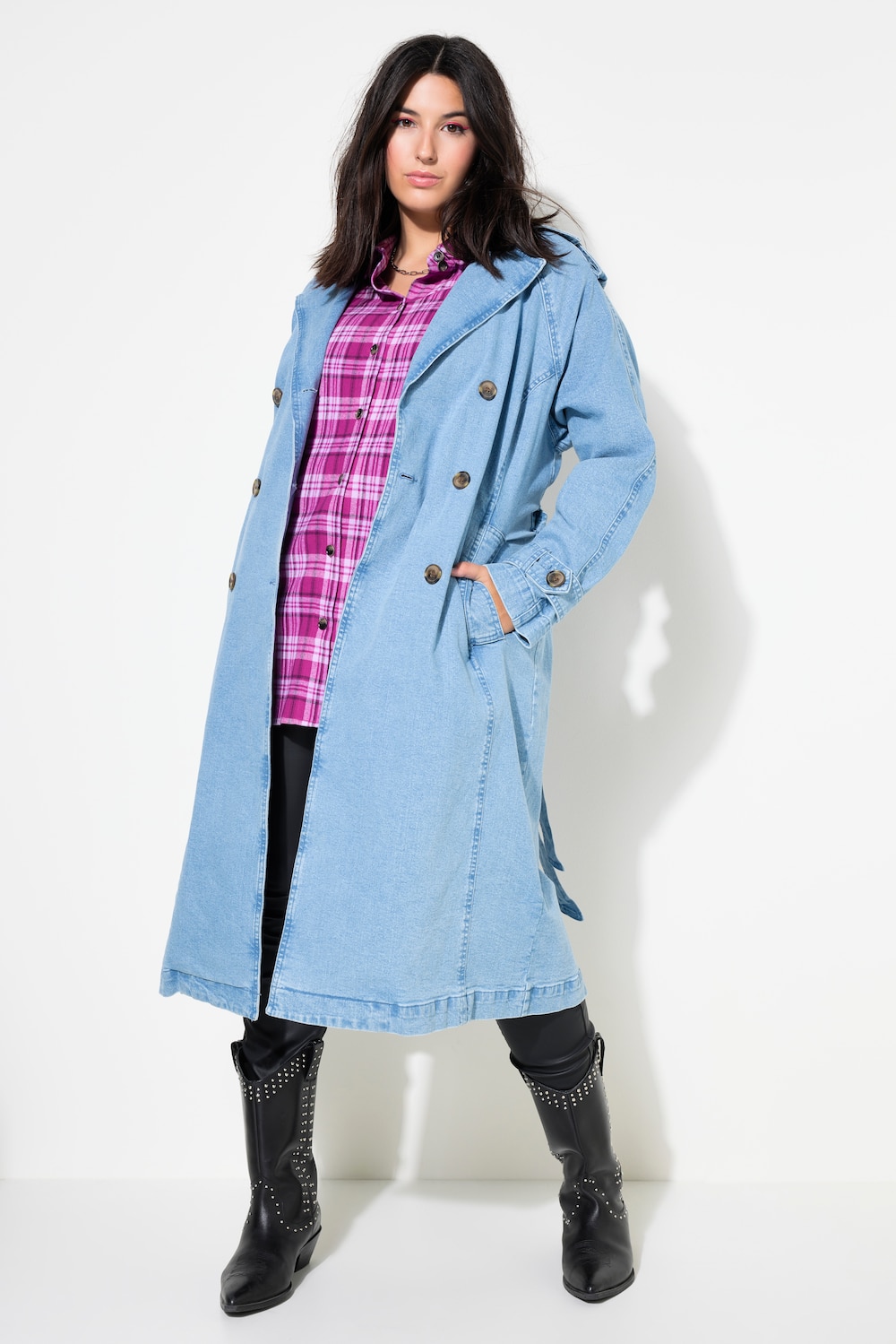Jeans-Trenchcoat, A-Linie, Revers, Bindegürtel