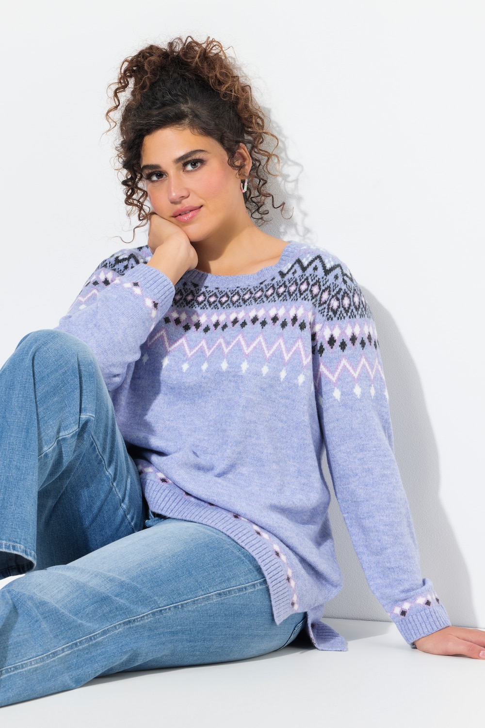 Große Größen Norweger-Pullover, Damen, blau, Größe: 42/44, Synthetische Fasern/Polyester, Ulla Popken