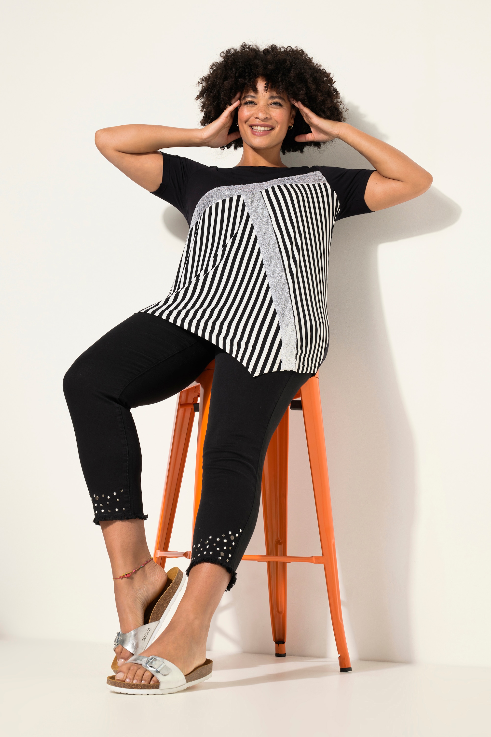 MIAMODA Damen große Größen T Shirt Classic Fit Streifen Pailleten