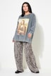 Pantalón, pernera ancha, cintura alta, plisado, leopardo