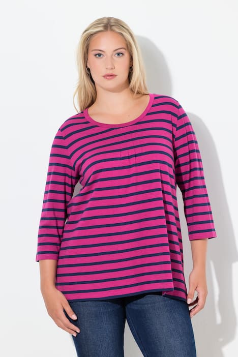 Shirt, Ringel, A-Linie, Rundhals, Zierfalten, 3/4-Arm