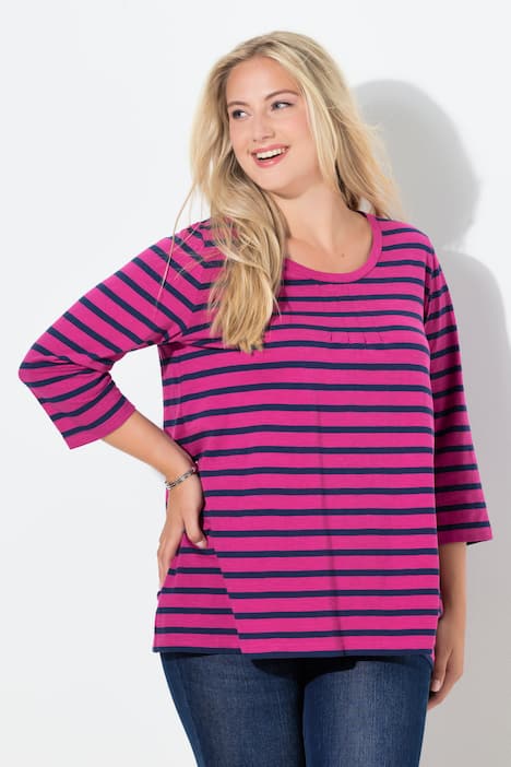Shirt, Ringel, A-Linie, Rundhals, Zierfalten, 3/4-Arm
