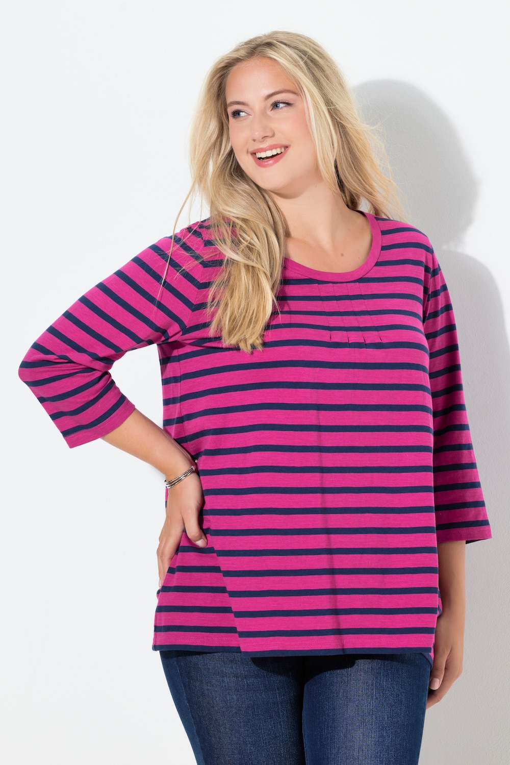 Shirt, Ringel, A-Linie, Rundhals, Zierfalten, 3/4-Arm