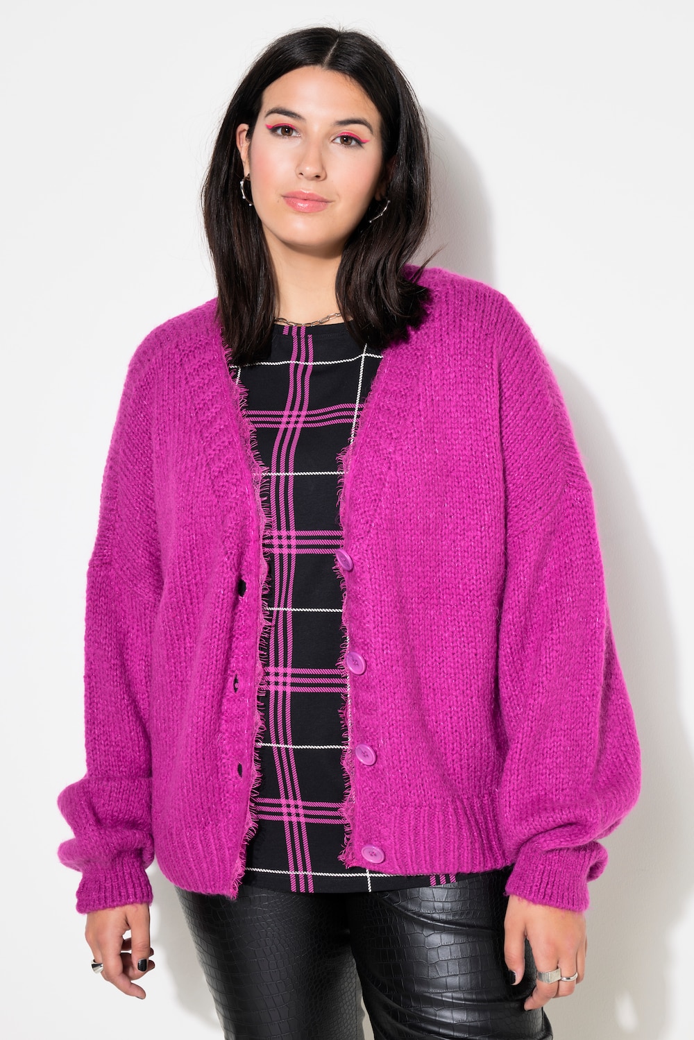 Strickjacke, oversized, Spitzenkante, Langarm