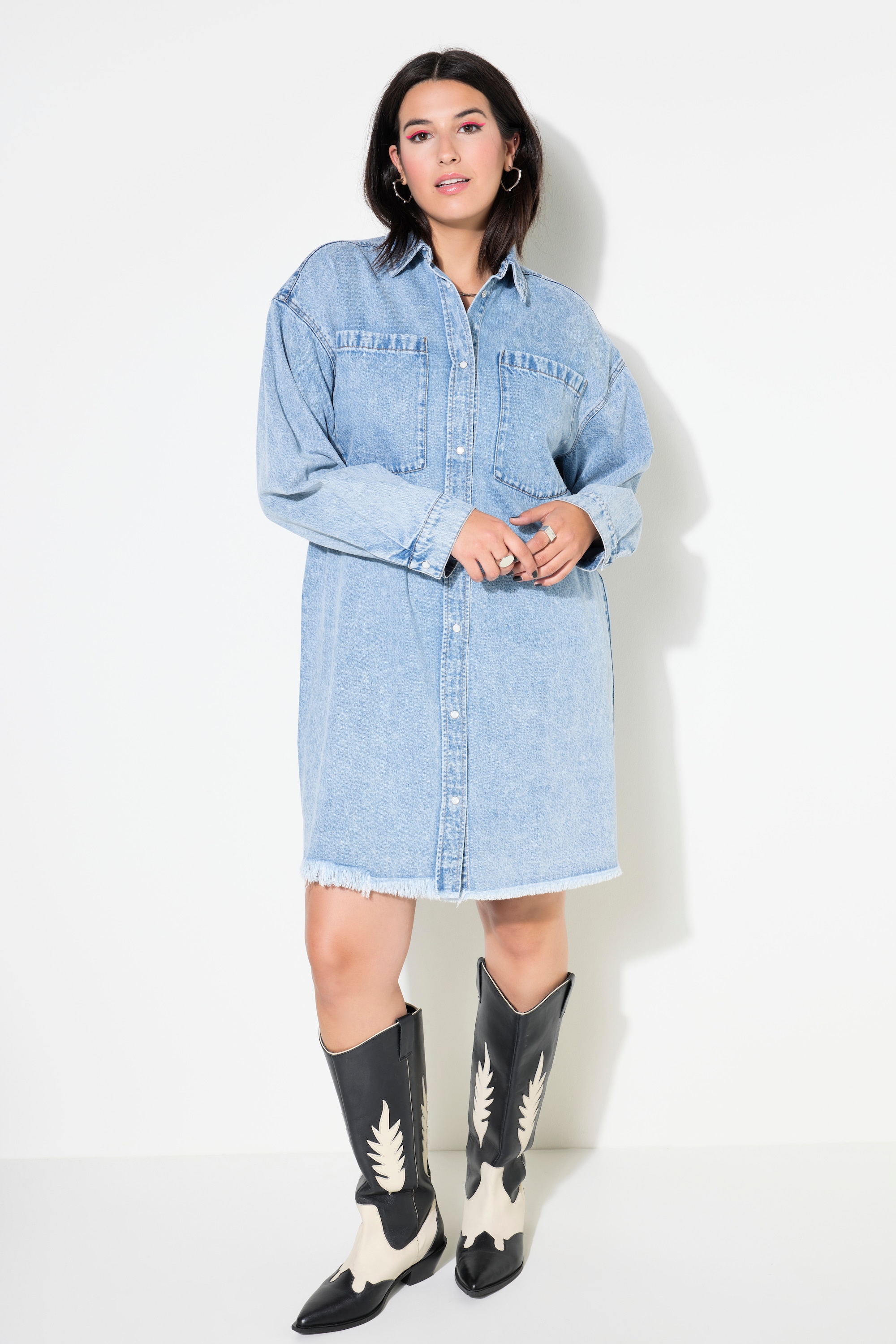Studio Untold Damen große Größen Jeanskleid oversized Fransensaum 834221