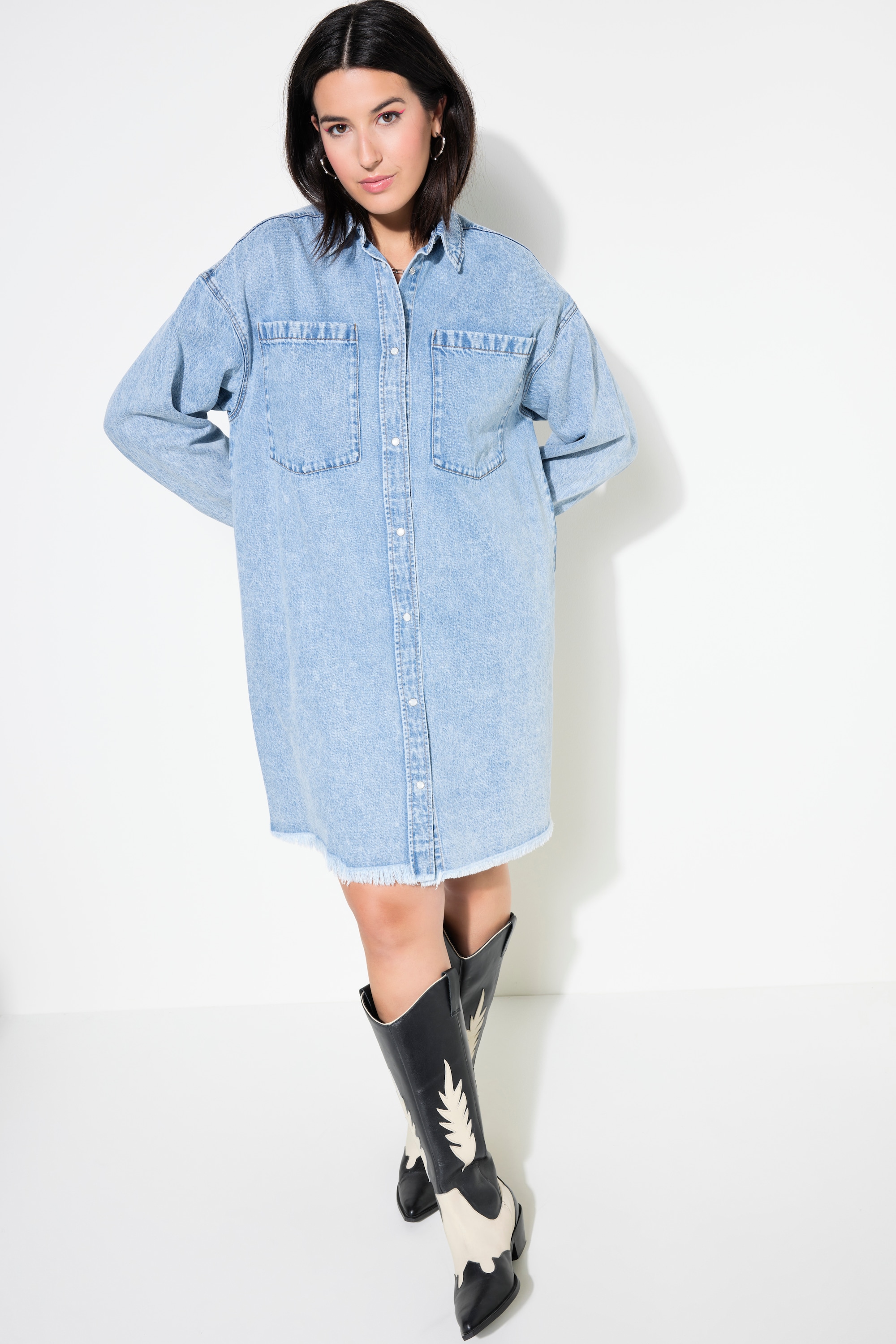 Studio Untold Damen große Größen Jeanskleid oversized Fransensaum 834221
