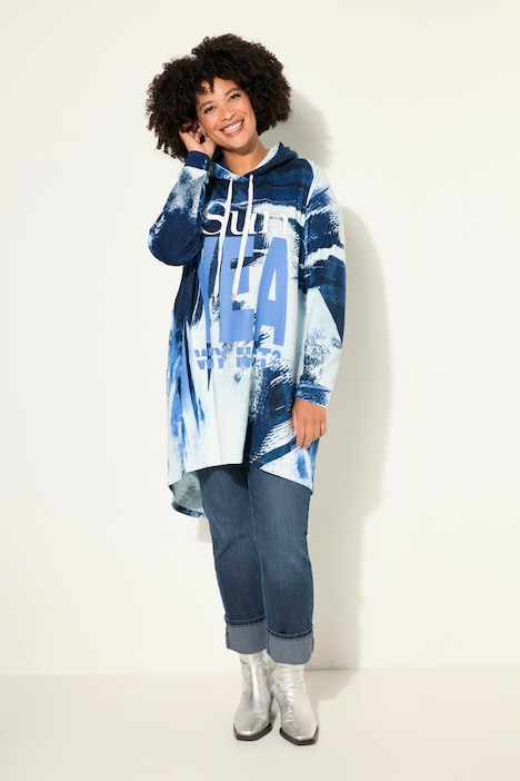 Hoodie, denim print, capuchon, afgeronde zoom