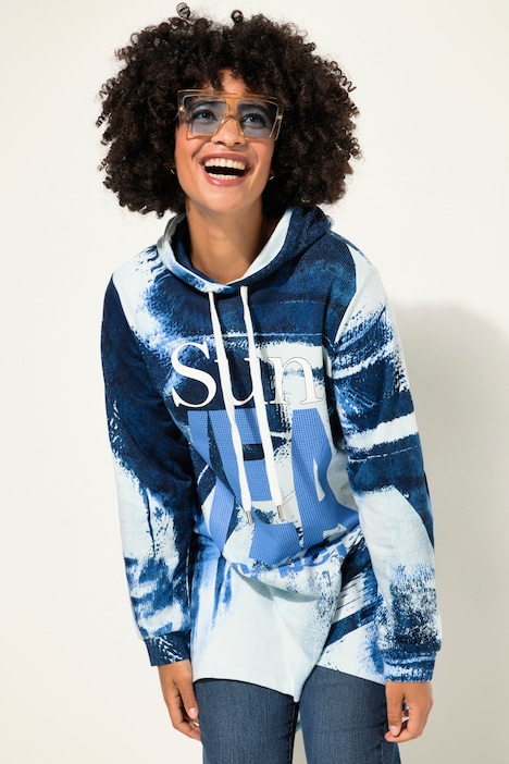 Hoodie, denim print, capuchon, afgeronde zoom