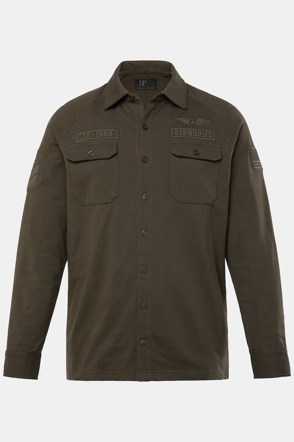 JP 1880 overhemd van sweatstof, lange raglanmouwen, kentkraag, badges, tot 8XL
