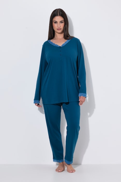 Pyjama avec dentelle et boutons, manches longues et col V