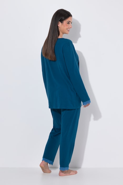 Pyjama avec dentelle et boutons, manches longues et col V