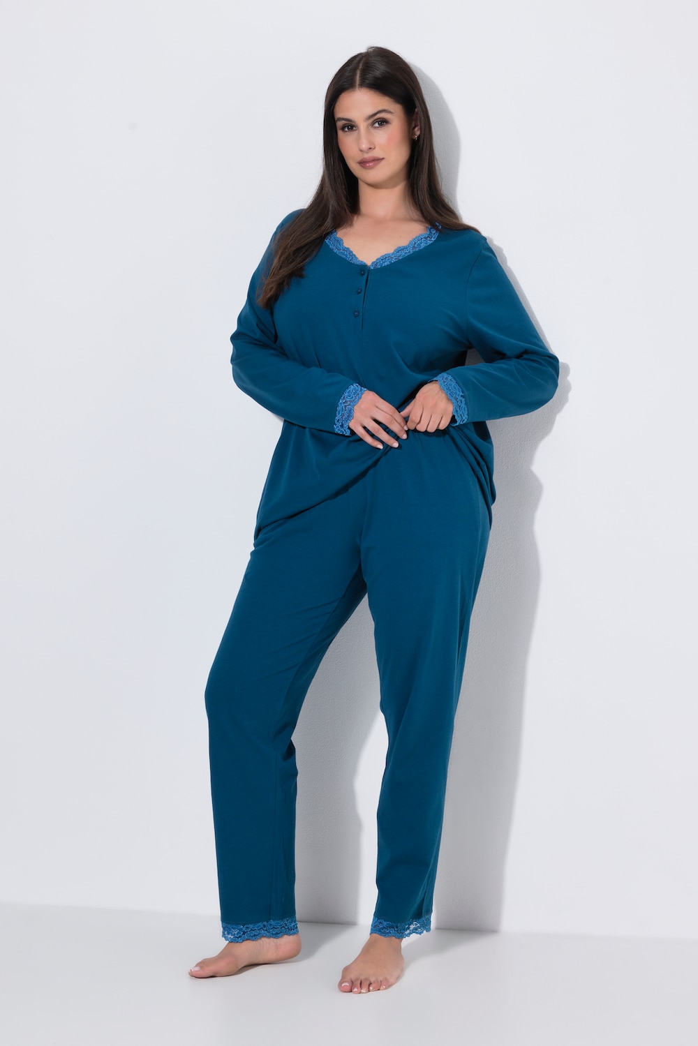 Pyjama, Zweiteiler, Spitze, Knöpfe, Langarm