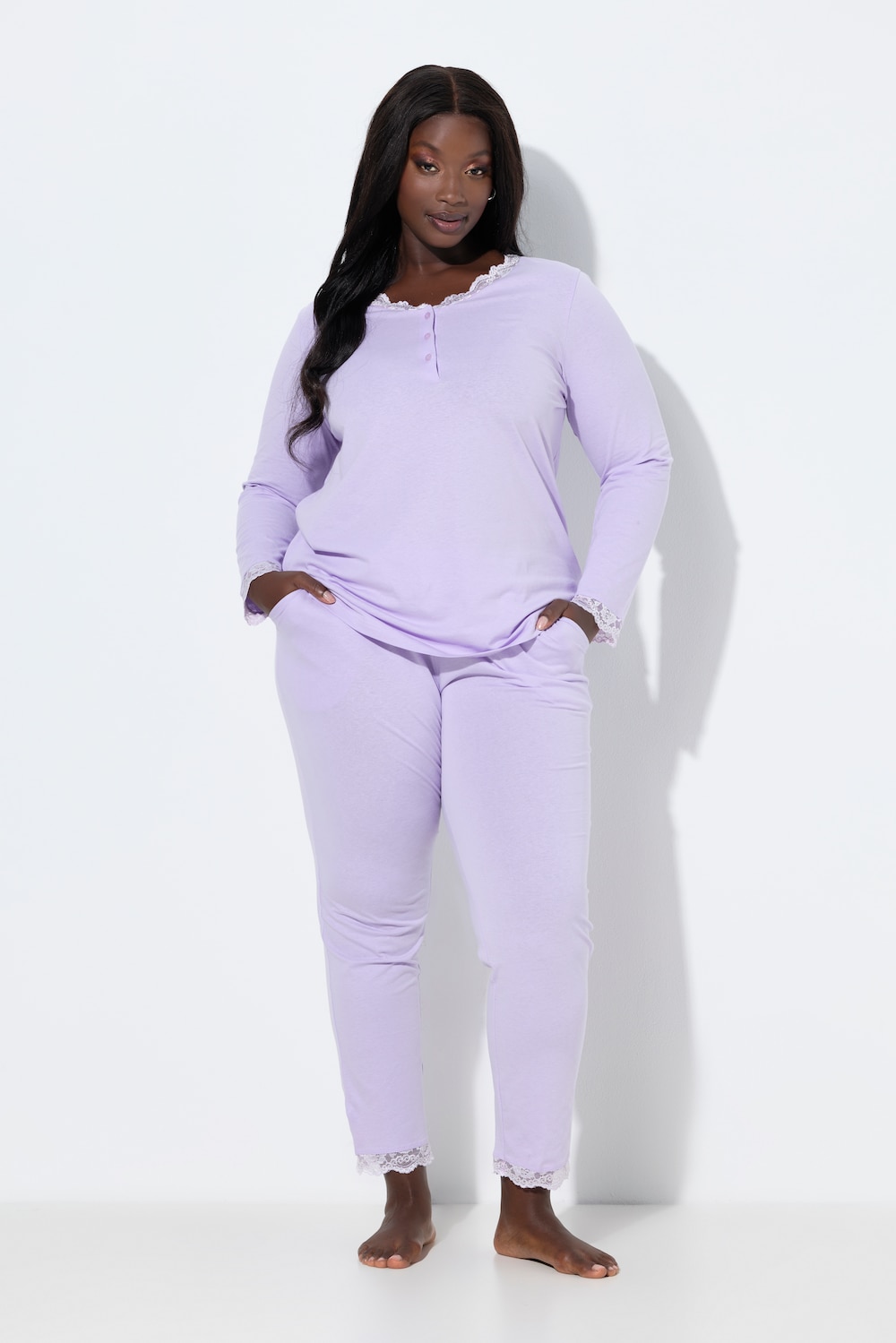 Pyjama, Zweiteiler, Spitze, Knöpfe, Langarm