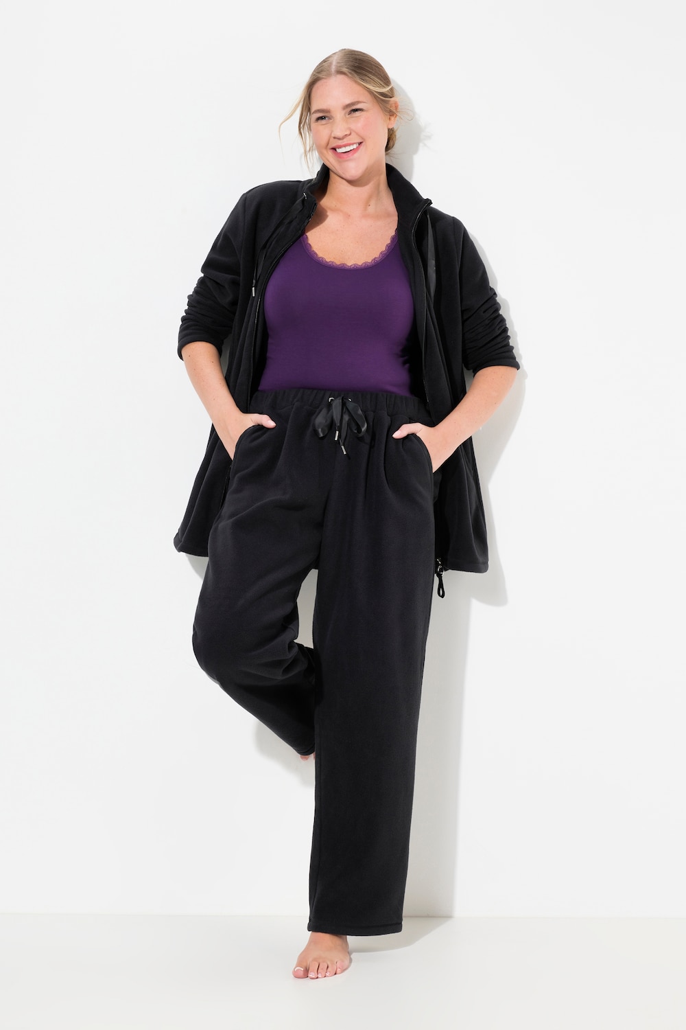 Große Größen Loungewear-Fleecehose, Damen, schwarz, Größe: 58/60, Polyester/Viskose, Ulla Popken