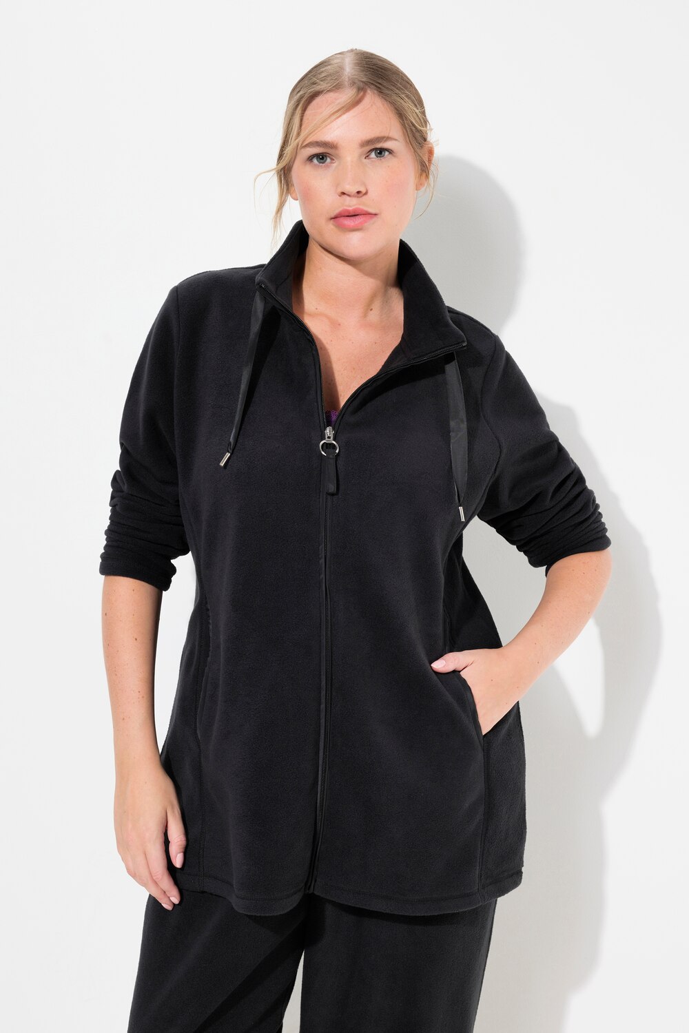 Große Größen Loungewear-Fleecejacke, Damen, schwarz, Größe: 42/44, Polyester/Viskose, Ulla Popken