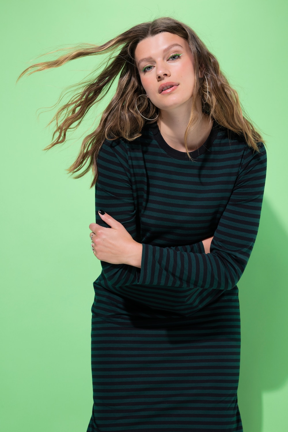 Maxikleid, A-Line, Jersey mit Ringeln, Langarm