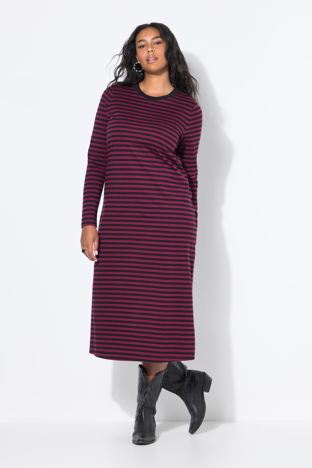 Maxikleid, A-Line, Jersey mit Ringeln, Langarm