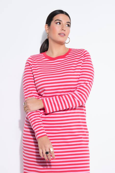 Rochie lungă, croială în formă de A, jerseu cu dungi, mâneci lungi