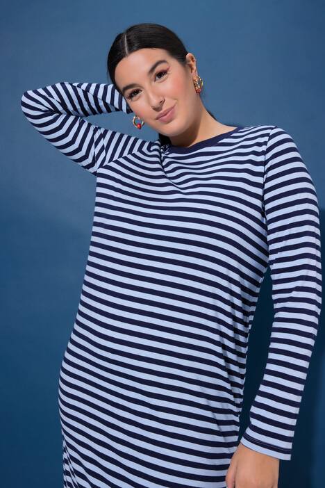 Rochie lungă, croială în formă de A, jerseu cu dungi, mâneci lungi