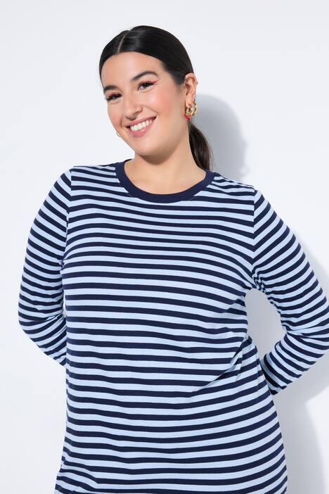 Rochie lungă, croială în formă de A, jerseu cu dungi, mâneci lungi