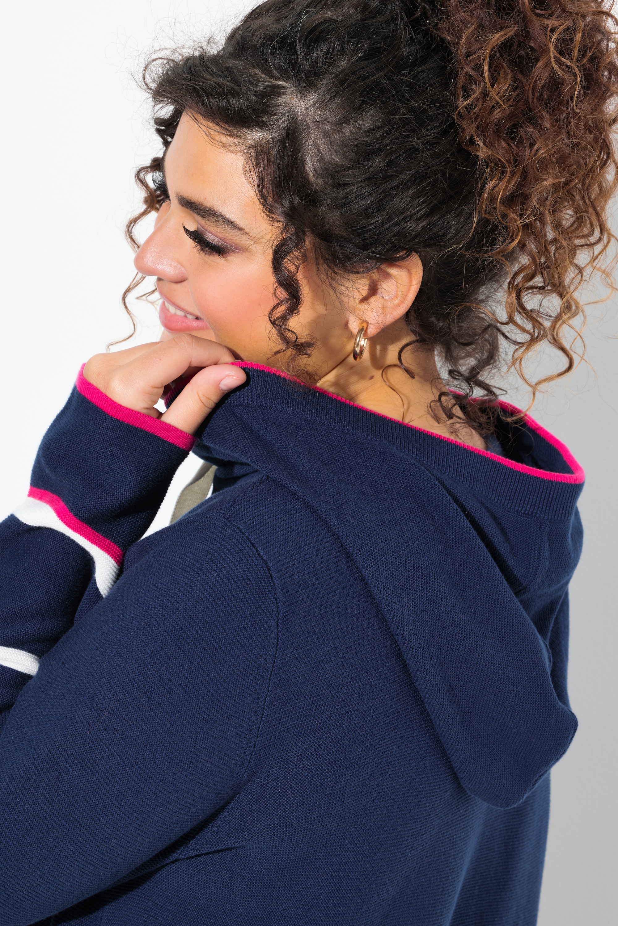 Ulla Popken Damen große Größen Pullover Ringel Farbakzente Kapuze